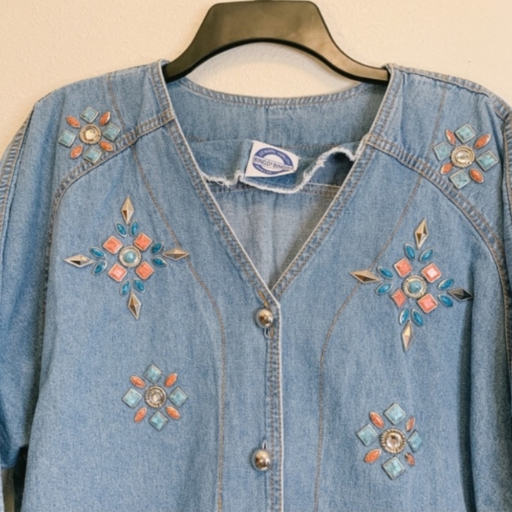 Vintage 90s Denim Embellished Button Up Shirt~ Bedazzled
